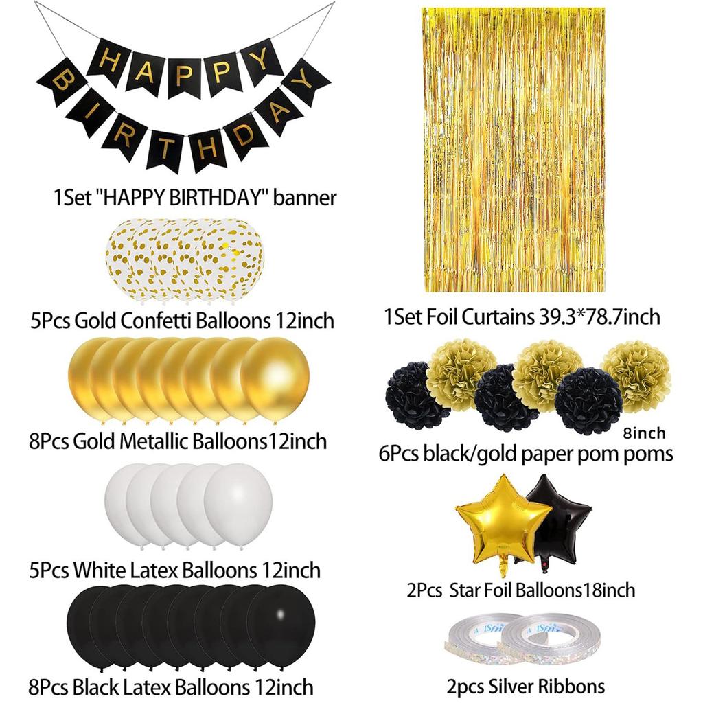 Birthday Party Decoration Set Black Gold Theme Birthday Arrangement Rain Curtain Flag Party Decoration Balloon