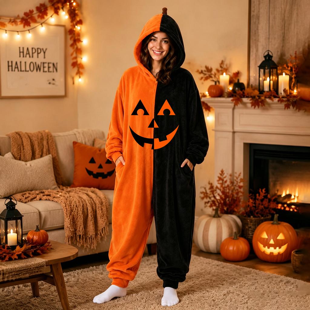 Women's Flannel Jumpsuit with Halloween Print, Cozy Loungewear Pajama for Sleep and