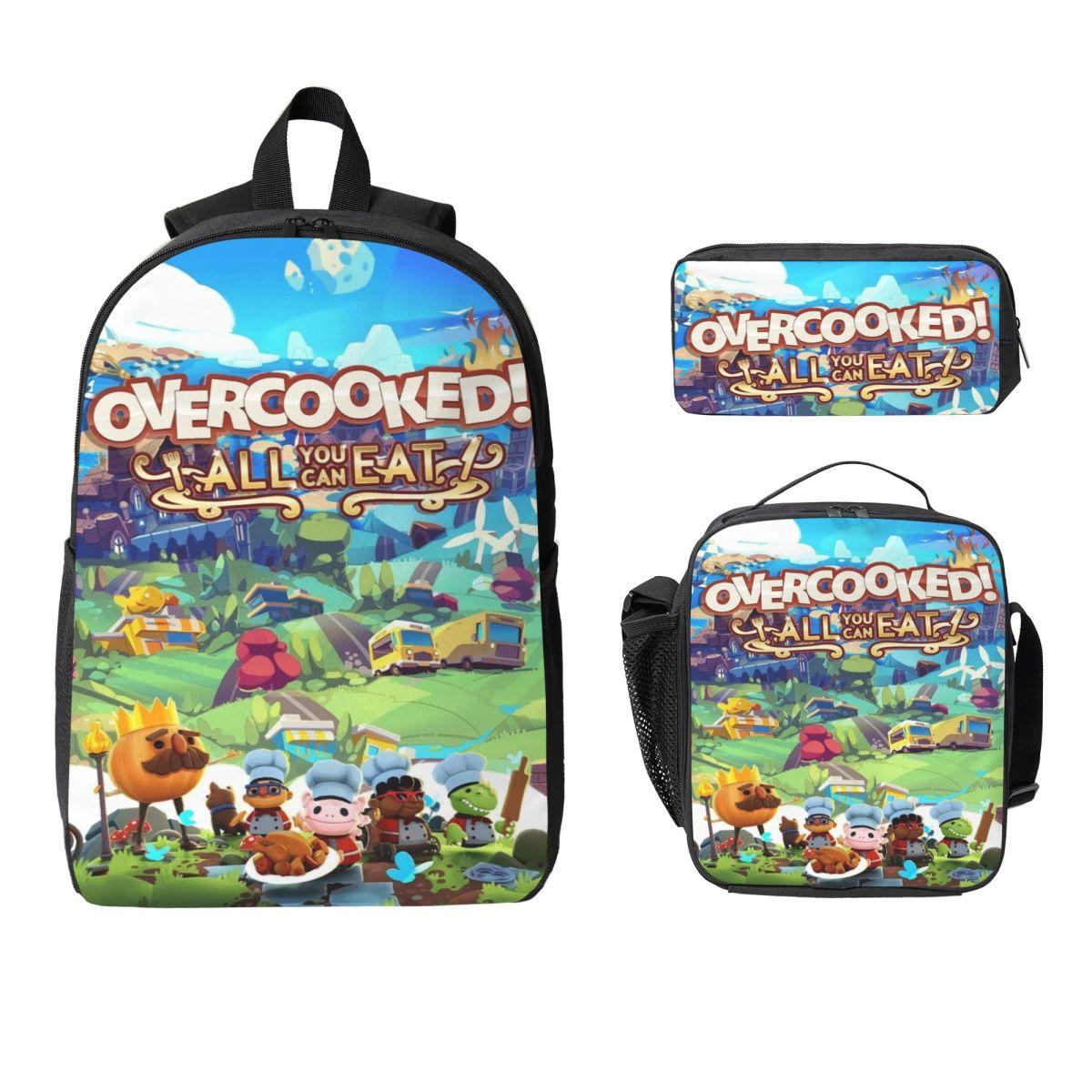 Set de 3 Sacs d'école pour Jeu de Cuisine Trop Cuit pour Garçon Fille Sacs à Crayons Sacs à Dos avec Boîte à Lunch Pour Étudiants Journée Scolaire Sac à Dos