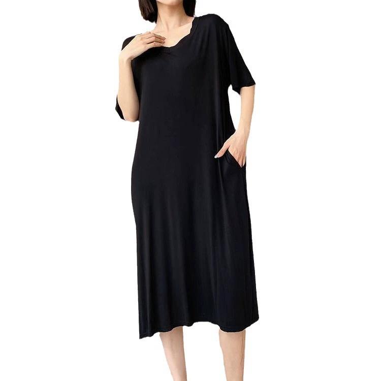 Extra Large Size Summer Loose Home Dress with Pocket Thin V-neck Short Sleeved Pajamas Solid Long Loungewear Plus Size 3XL