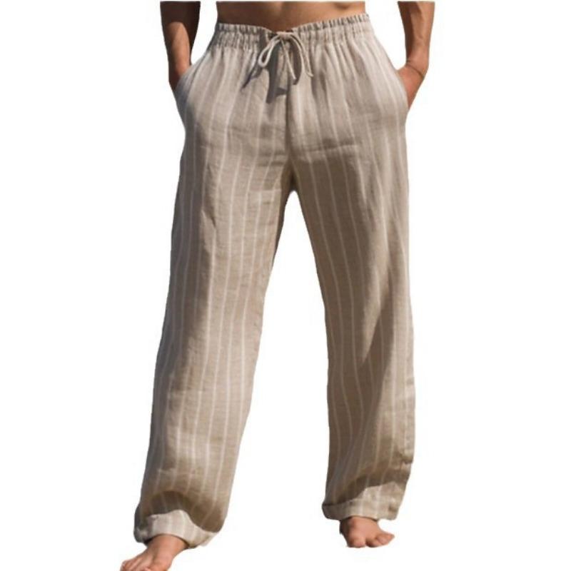 Autumn Men's Linen Trousers Summer Trousers Drawstring Elastic Waist Straight Stripes Comfortable Breathable Outdoor Daily