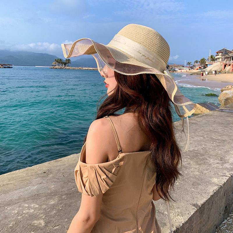 Fashion Flat-Topped Straw Hats Girls Wide Brim Sun Hat Outdoor Lace Bow Strap Lightweight Uv Protection Beach Cap
