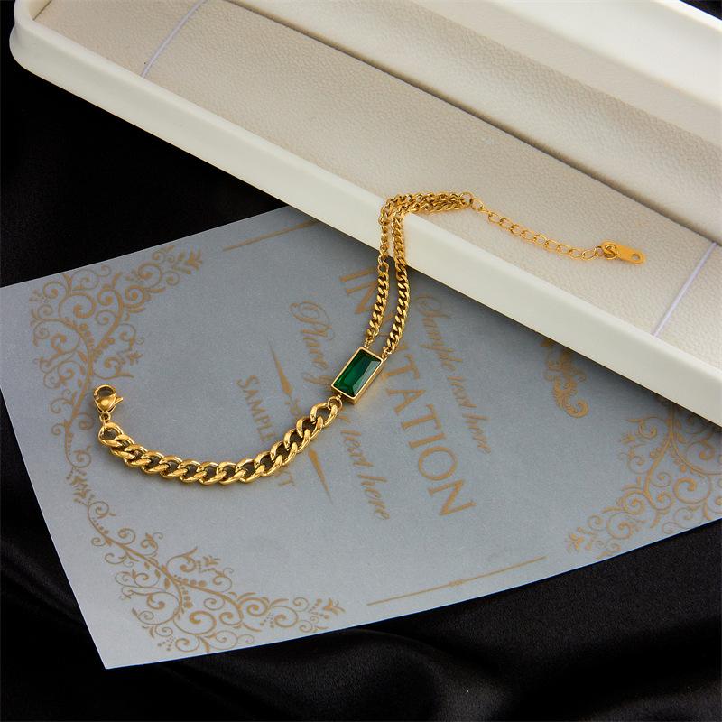 18K Gold Plated Double Cuban Link Bracelet with Green Rectangle CZ, Dainty Cuban Chain Bracelet, Adjustable Punk Jewelry for Women Daily Wear Gift