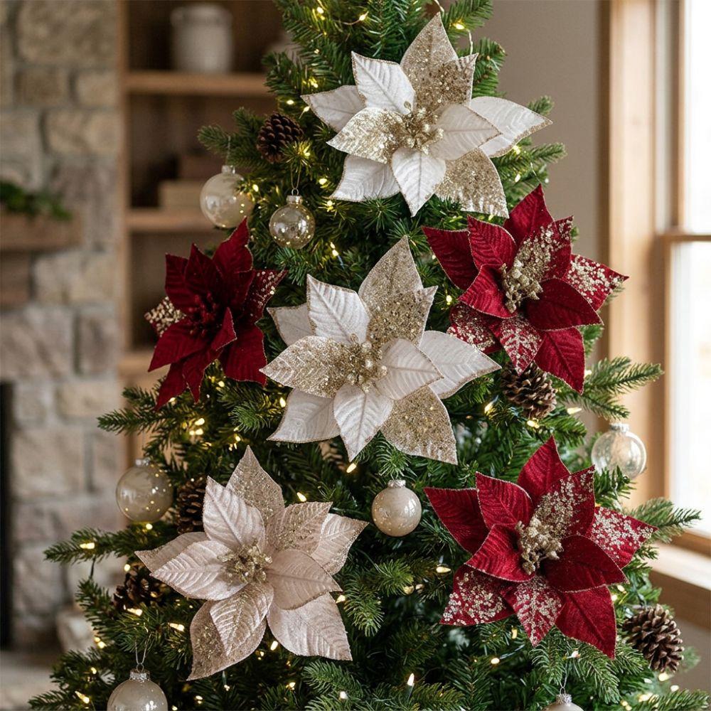 Velvet Fabric Artificial Poinsettia Flower Sequins Christmas Tree Magnolia New Year Gift