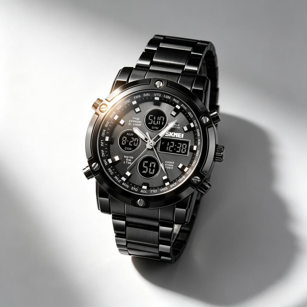 Orologio Digitale da Uomo SKMEI Triplo Fuso Orario Doppio Display Acciaio Inossidabile 1389