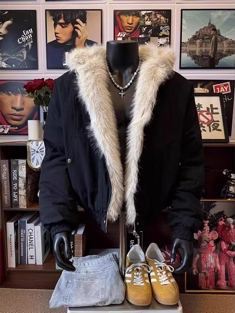 Herrvinter Retro Vittygöring Bomullsjacka med Pälskrage Huva