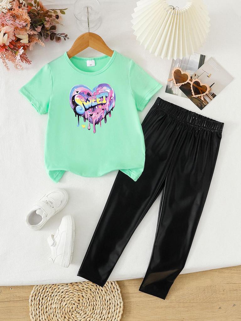 Summer Girls' Two-Piece Set: Fashionable Printed Short Sleeve Top & Long Pants