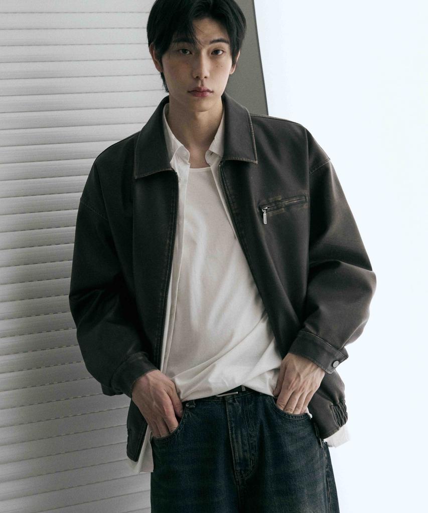 Leathery Washed Leather Oversized Blouson Jacket [Washed Black]