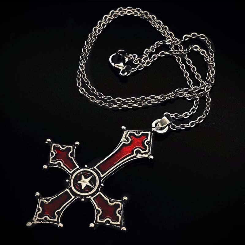 Vintage Blood Red Color Gothic Inverted Cross Pendant Necklaces for Women Punk Style Cross Decoration Choker Necklaces Jewelry