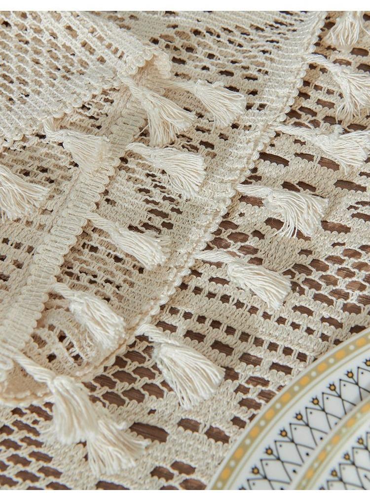 Retro Crochet Desktop Set, Countryside Style Hollow Tassel Tablecloth, Beige Fresh Square Tablecloth, Desktop, Wedding, Long Table, Dressing Table