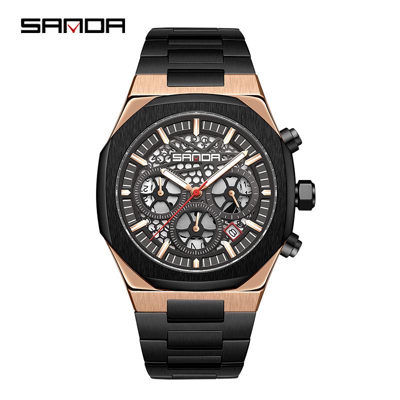 Sanda Men's Skeleton Steel Band Wristwatch with Six-Hand Calendar - Stylish & Waterproof