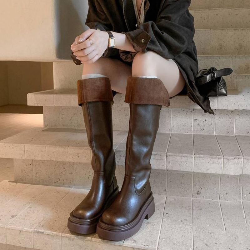 New Women's Versatile Martin Boots Solid Color Medium Heel Large Size Women's Boots Thick-soled Non-slip Round Head Autumn and Winter Leather High 