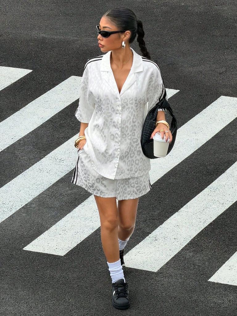 2026 New European and American Style Spice Girl Suit Leopard Print Satin Short-sleeved Shirt + High Waist Striped Shorts, Casual