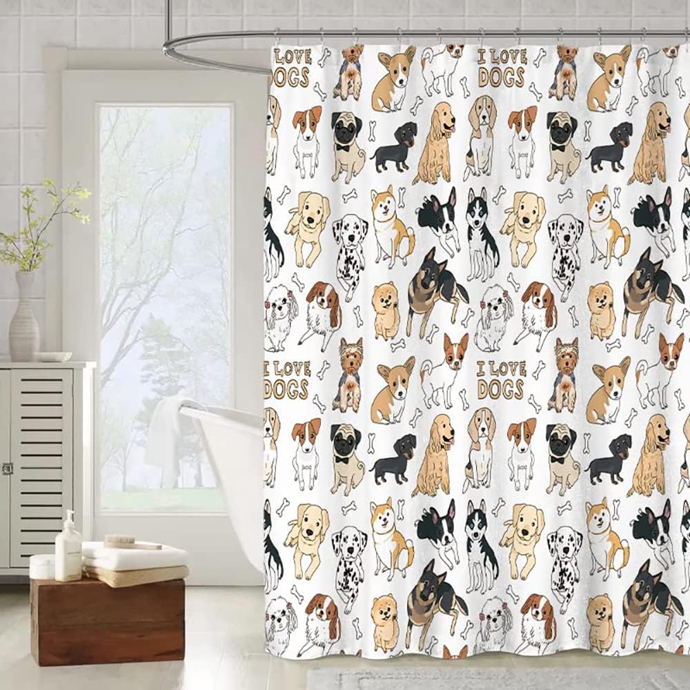 Cute Dog Shower Curtain for Kids Girls Boys Bathroom Decor, Funny Animals Puppy Dog Lovers Gift Bathtub Curtains Set, Vintage
