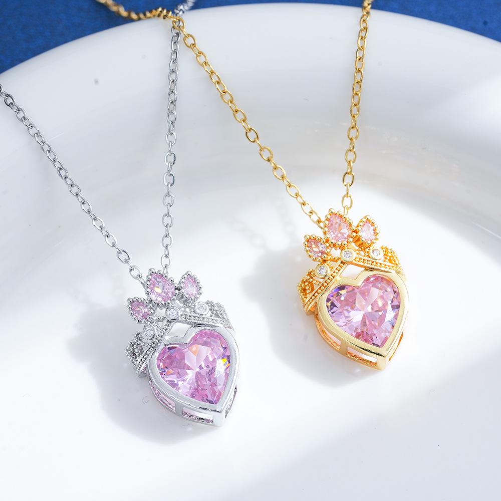 Pink Crown Heart Necklace with Titanium Steel Clavicle Chain - Elegant and Versatile Design.