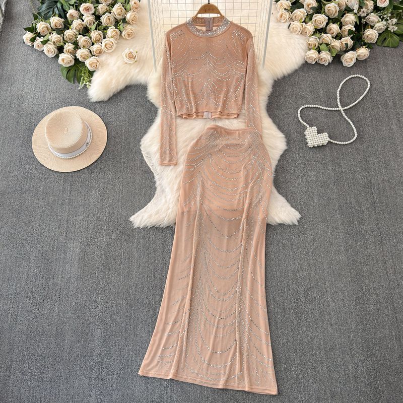 Influencer Picks 2024 Summer New Arrival Elegant Socialite Heavy Embroidery Hot Drilling Yarn Tops + Long Sheath Skirt Suit