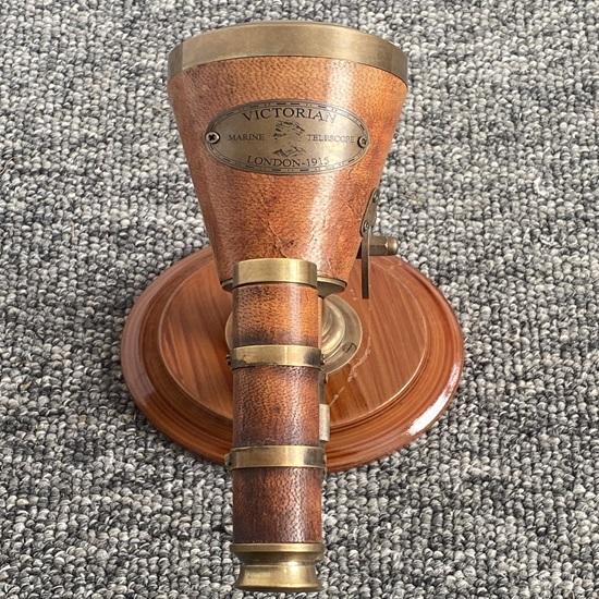 Victorian Double-Leaf Telescope with Leather and Wooden Base