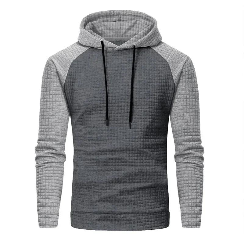 Men's Casual Patchwork Color Small Square Grid Hoodie Slim Fit Top Winter Round Neck Sweatshirts
