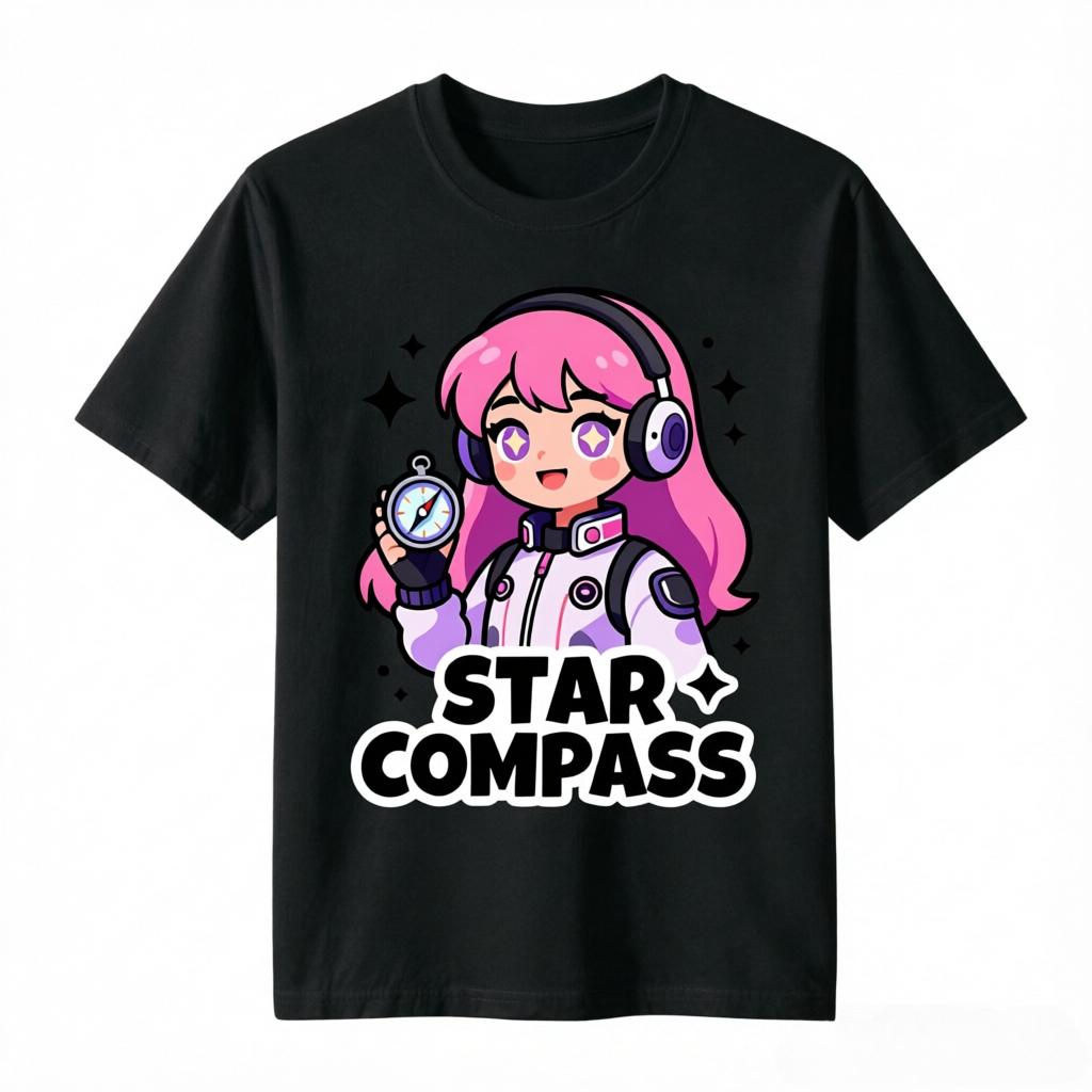 Star Compass Pink Hair Anime Astronaut Girl With Compass Print TShirt Unisex Unisex Casual Cotton Tee Short Sleeve Unisexga Space Tops