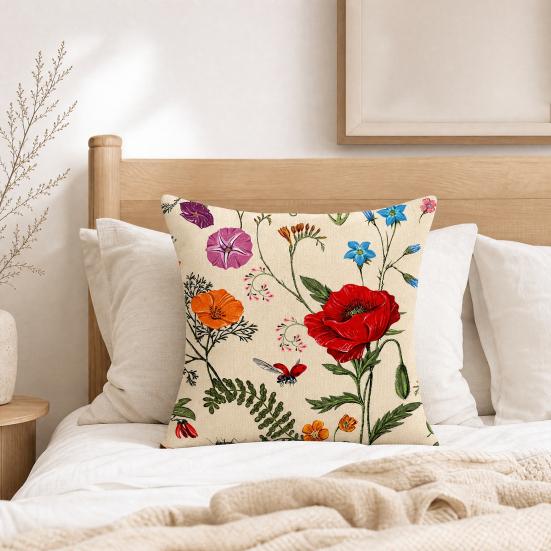 Floral Cushion Cover, 18x18 Inch Decorative Throw Pillow Cover with Hidden Zipper, Plant Insect Flower Patterns, Cushion Case for Sofa Car Home Decor