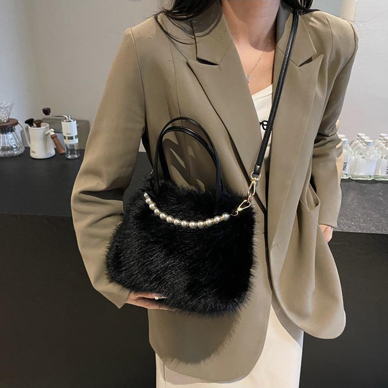 Yogodlns Winter Fashion Faux Fur Crossbody Bags for Women's Gift, Pearl Chain Decor Shoulder Bag, Ladies Handbags Top-handel Bag