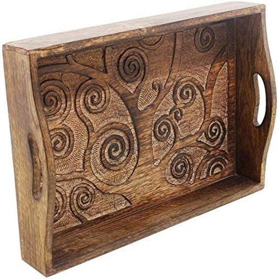 Strom života, ručně vyřezávaný dřevěný servírovací podnos s rukojetí na čaj, svačinu, dezert, kuchyň, jídelní servírovací příslušenství