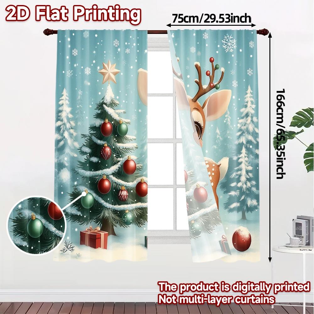 2pcs  Curtains Cute Reindeer Christmas Tree Snow Chic Fashionable Curtains Versatile Polyester Curtains Versatile All Suitable