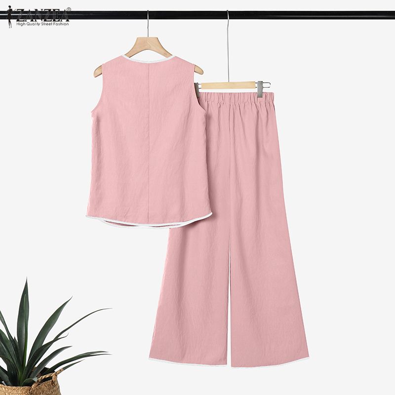 ZANZEA Completi da Donna Due Pezzi Casual: Top a Gilet Senza Maniche e Pantaloni Lunghi