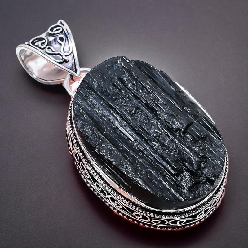 Schwarzer Turmalin Edelstein Handgefertigter 925 Sterling Silber Schmuck Anhänger 2,17" AH-748