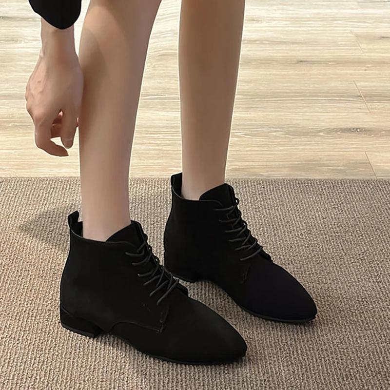 Ghete de gleznă din piele întoarsă pentru femei, toamnă, stil britanic, botine cu toc jos, damă, cu vârf ascuțit, la modă, cu șireturi, toc gros, platformă, ghete scurte