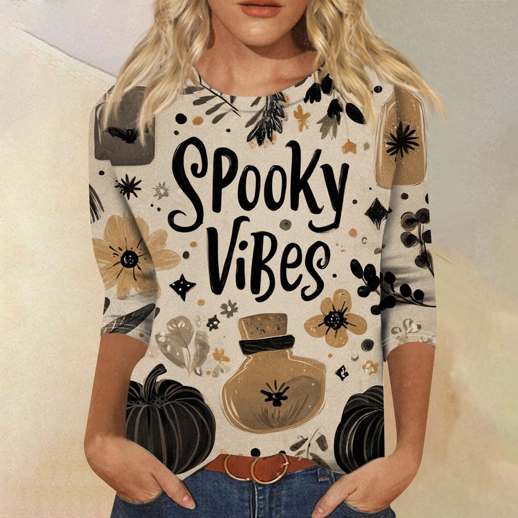 Women's Fashion Casual Round Neck Three-quarter Sleeve Halloween Printed T-shirt Top