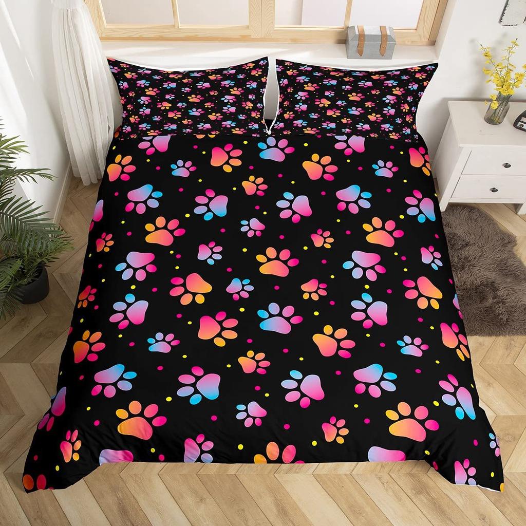 Dog Paw Print Duvet Cover Set Queen Size, Bone Pattern Bedding Set 3pcs For Kids Teens Room Decor, Pet Animals Comforter Covers