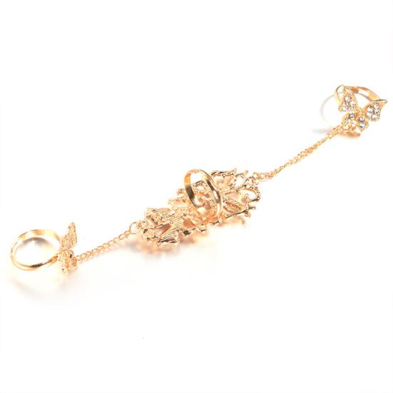 Fashion Rhinestone Hollowed Butterfly Link Finger Ring Adjustable Women Jewelry