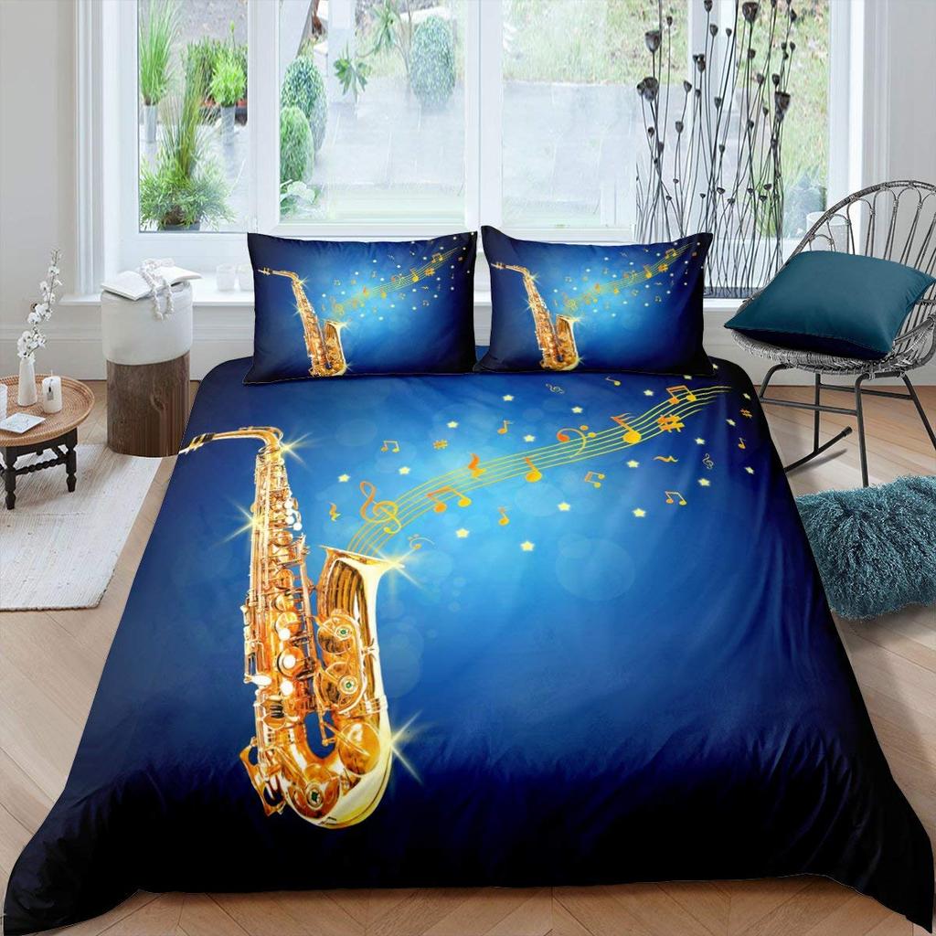 Saksofon Zestaw Poszewki na Kołdrę Obracające się Nuty Muzyczne Zestaw Pościeli Instrument Muzyczny Motyw Retro Muzyki Jazzowej Pojedyncza Poszwa na Kołdrę Dla Dzieci