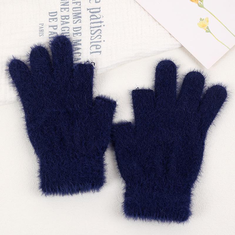 Touchscreen Fleece Gloves for Women Winter Warmth Student Finger-Exposing Gloves Outdoor Two-Half-Finger Thick Writing Gloves