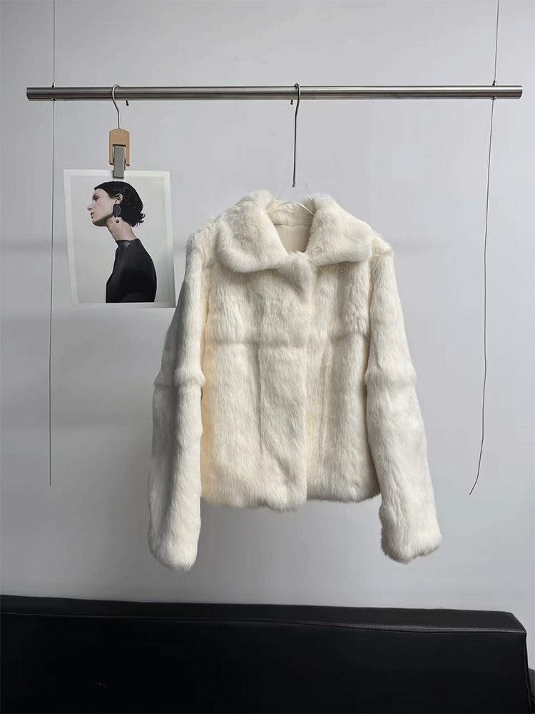 Women's Fashionable Two-Tone Real Rabbit Fur Collar Coat - 2025 Casual Short Style