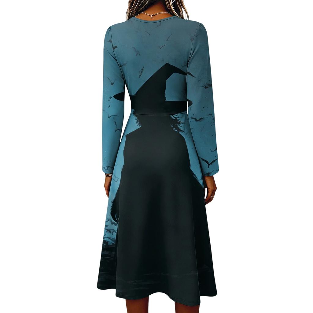 Women's Casual Halloween Print Long Sleeve V-Neck Dress with Pockets for Fall Party
