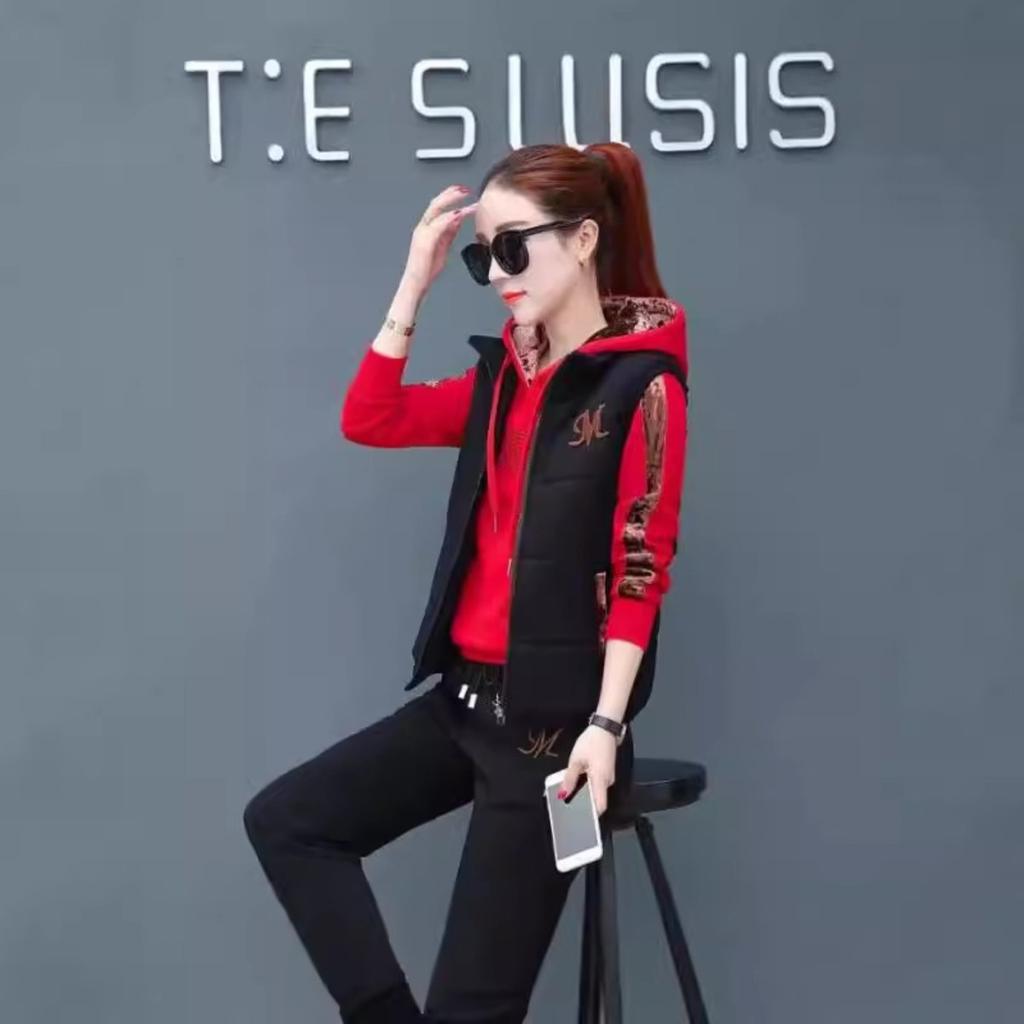 Verdickter Samt, Sportbekleidung Set, Damen, Lässig, Dreiteiliges Set