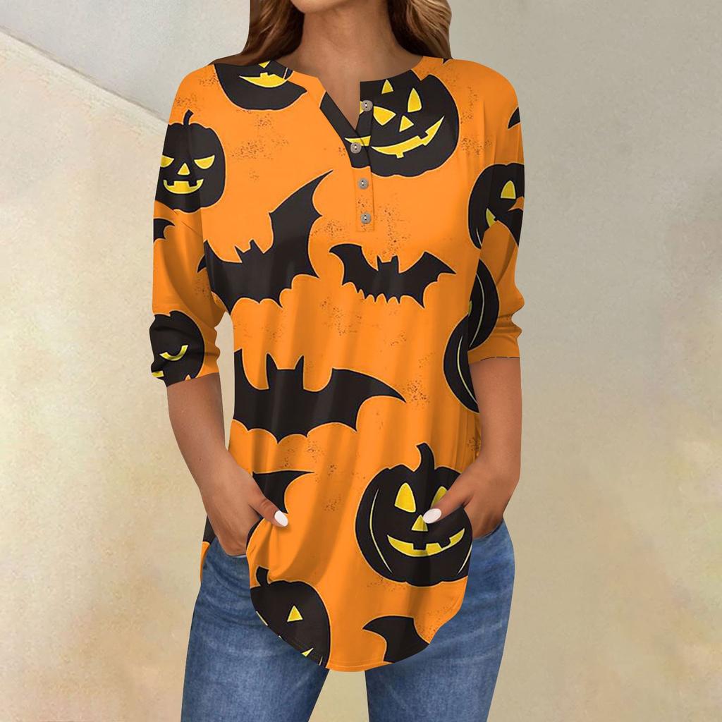 Women's Fashion Loose Button Collar Halloween Print Long Sleeve T-Shirt Top Pullover