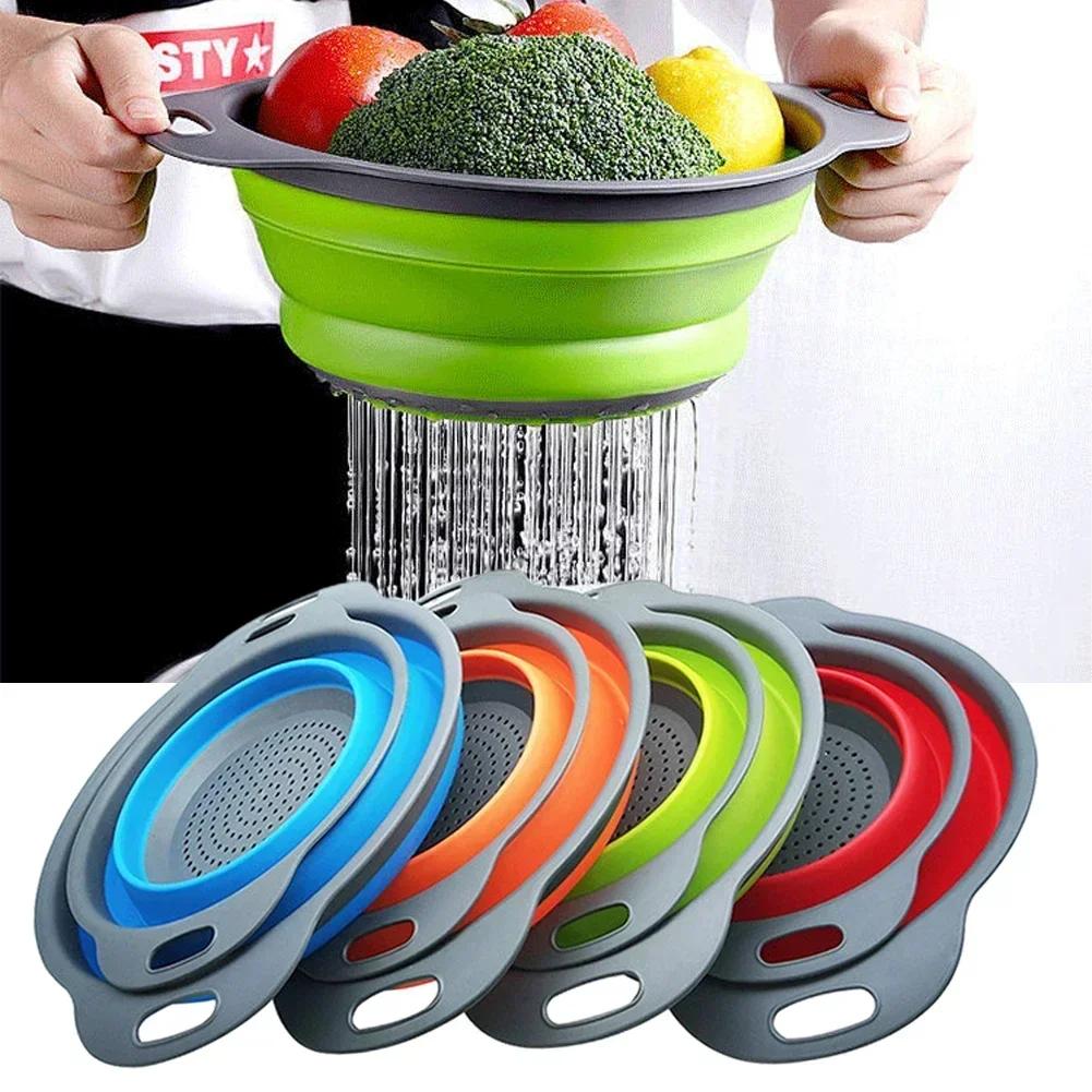 Round Folding Drain Basket Fruit Vegetable Washing Basket Foldable Strainer Colander Collapsible Drainer Kitchen Storage Tool