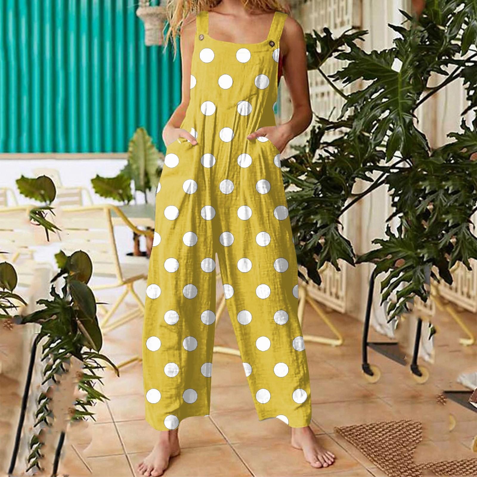 

Женский повседневный комбинезон без рукавов с принтом в горошек из хлопка XXXL жёлтый