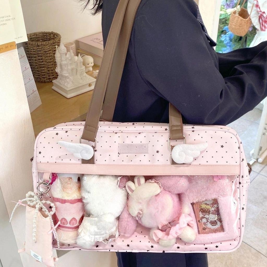 Y2k DIY Badge Display Shoulder Bag Cute Large Capacity Lace Ita Bag Lolita Girls Transparent Pocket Casual Polka Dot Handbag
