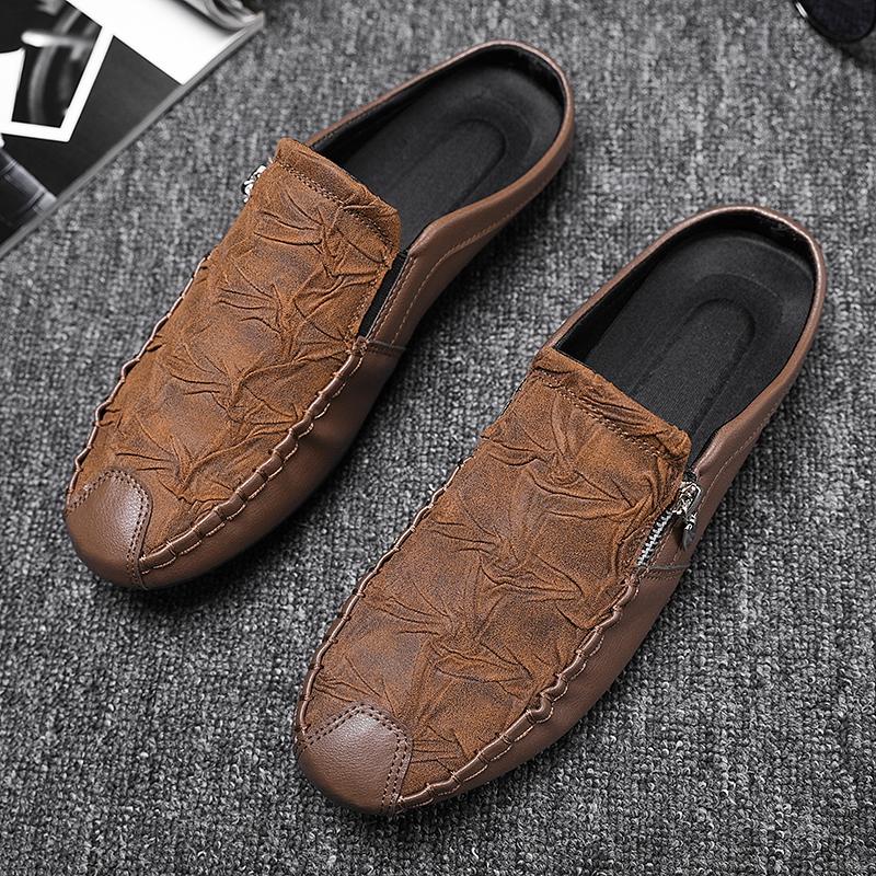 Fashion leather Mens Half Slippers Breathable Mens Casual Shoes Outdoor Men Loafers Lazy Shoes Flats Comfortable Male Sneakers