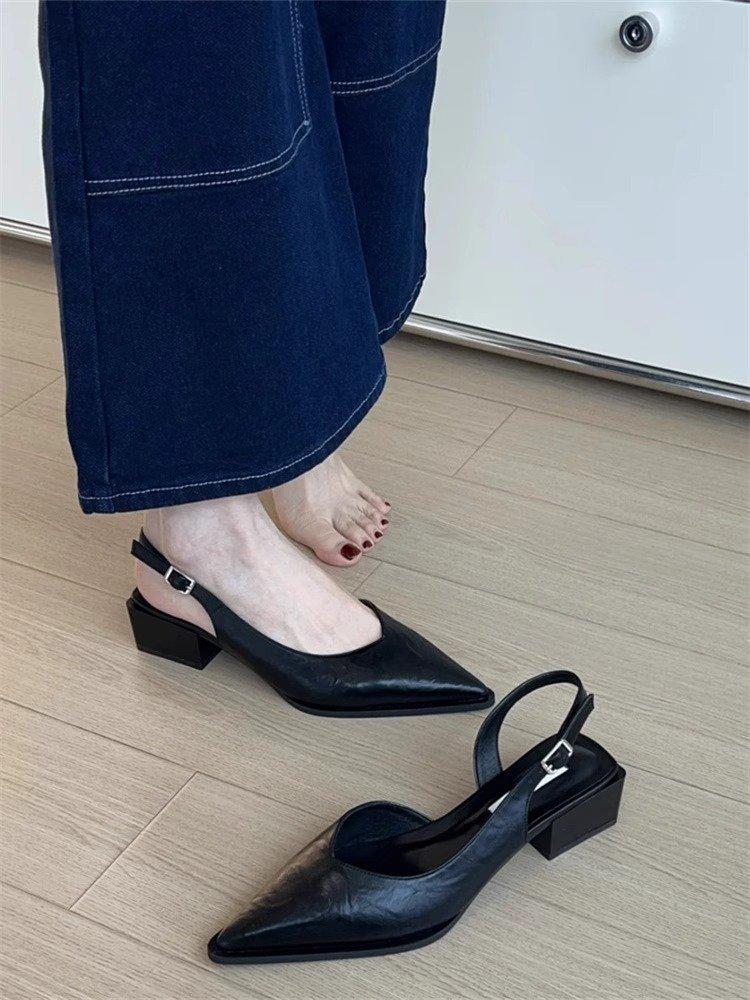 Soft Leather Version of French High-end Bag Head Sandals Women's 2025 Summer New Temperament Thick Heel Not Tired Feet Pointed Single Shoes