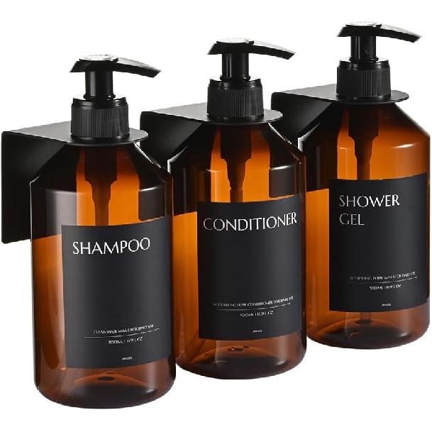 Shampoo and Conditioner Dispenser Set of 3 for Wall Mount,16.9 fl oz Drill Free Shower Soap Bottles with Labels,Refillable Body Wash Dispensers for
