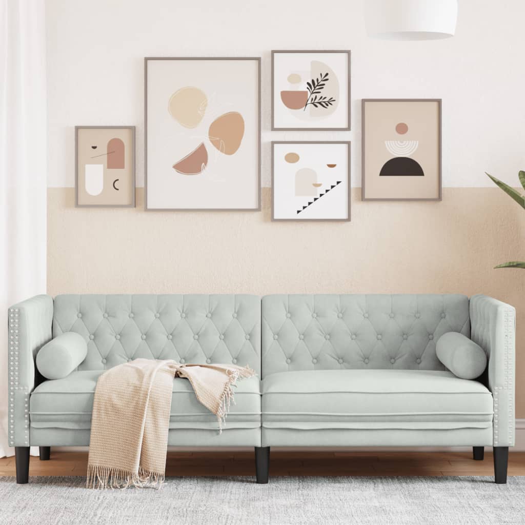 Chesterfield Sofa with Neck Pillows 3 Seater Light Grey Velvet