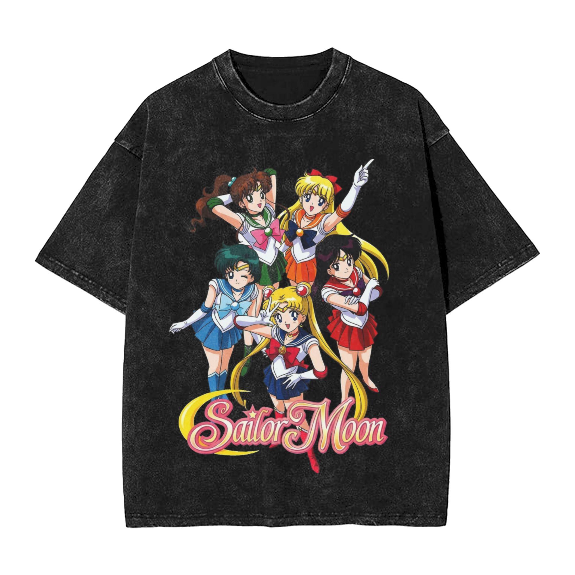 

Washed T Shirts Sailors Moons and Guardians Anime Group Hip Hop Vintage TShirt Oversize Streetwear Graphic Tops Tees Unisex Women S