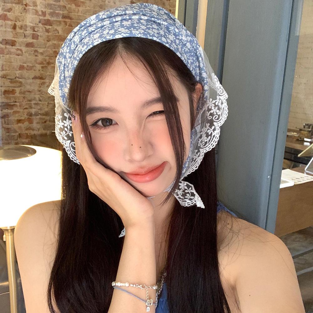 

New Floral Flower Hair Bandana Women Rural Scarf Lace Splicing Triangle Headband Summer