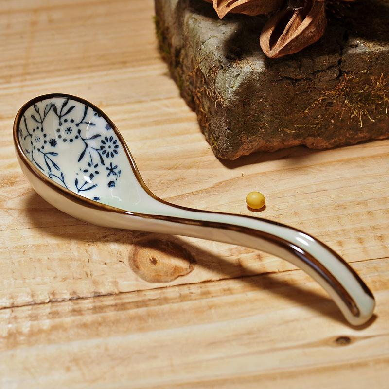 Soup Spoons Japanese Ceramic Kitchen Tableware Long-Handled Spoon Creative Retro Flower Print  Household Tableware Set Spoon