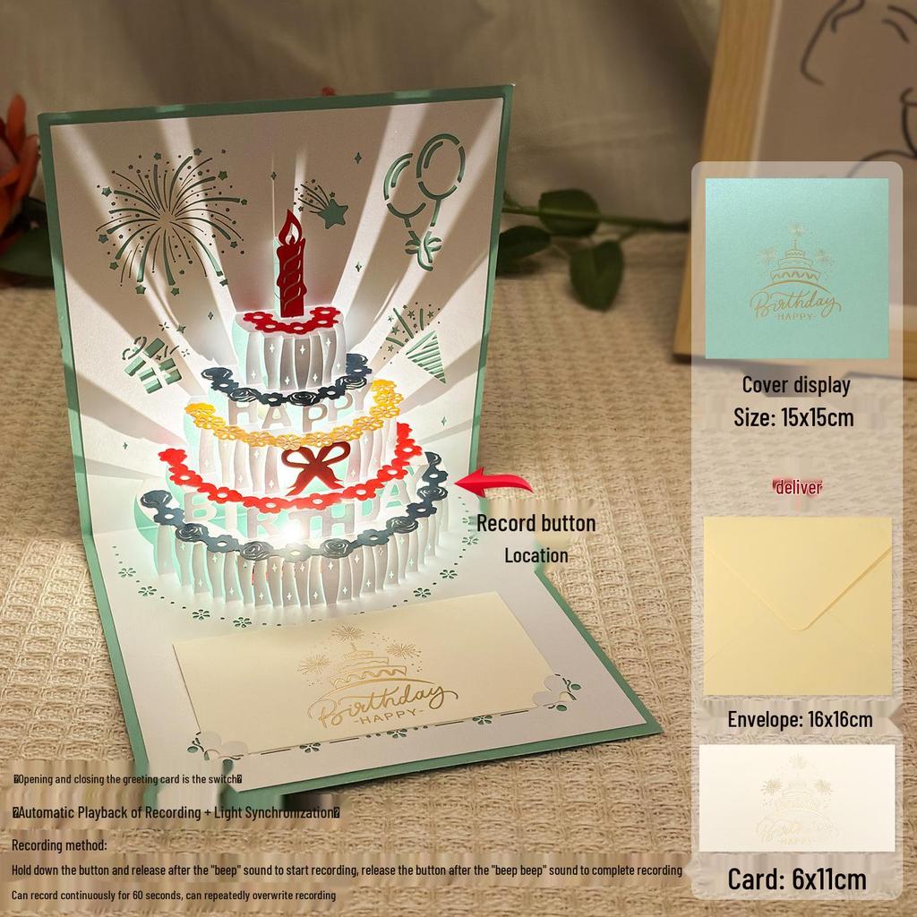 Dźwiękowa kartka urodzinowa 3D Pop-Up ze światłem do nagrywania - Wzór tortu na prezent dla chłopaka/dziewczyny